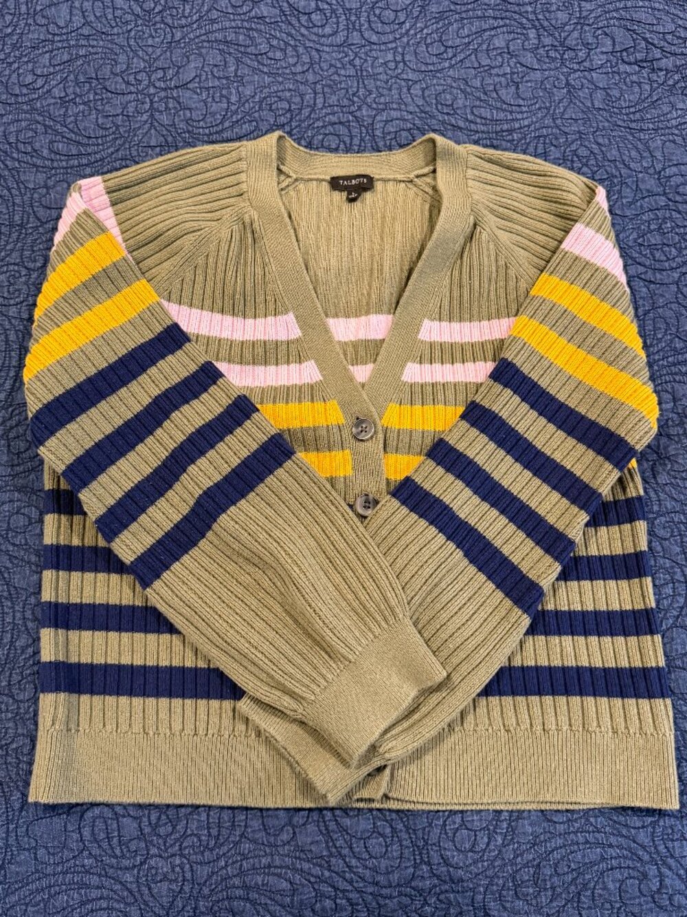 Talbots Striped Ribbed Cardigan Sweater Olive Multicolor Size L